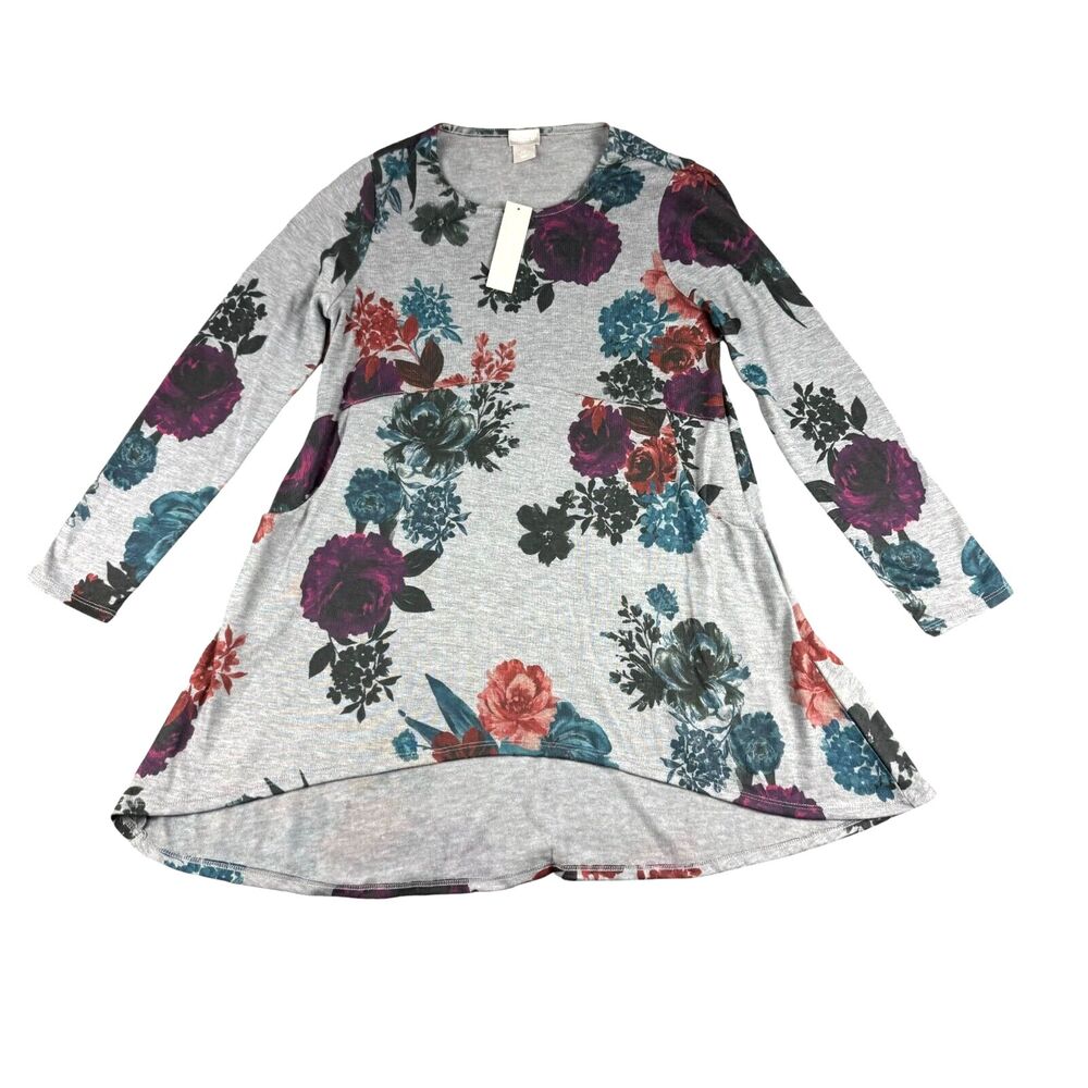 Chicos Top Women's 0P Gray Knit Rose Tunic Print Button Sleeve Long Sleeve NWT